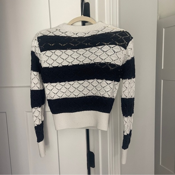 Milly STRIPED POINTELLE PULLOVER Open Knit Navy Blue Ecru Sweater - Picture 5 of 5